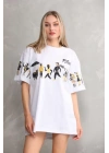 Unisex Bisiklet Yaka Baskılı Oversize T-Shirt - Beyaz