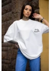 Unisex Bisiklet Yaka Baskılı Oversize T-Shirt - Beyaz