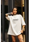 Unisex Bisiklet Yaka Baskılı Oversize T-Shirt - Beyaz
