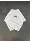 Unisex Bisiklet Yaka Baskılı Oversize T-Shirt - Beyaz