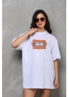 Unisex Bisiklet Yaka Baskılı Oversize T-Shirt - Beyaz