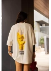 Unisex Bisiklet Yaka Baskılı Oversize T-Shirt - Beyaz