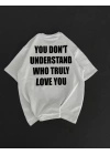 Unisex Bisiklet Yaka Baskılı Oversize T-Shirt - Beyaz