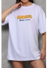 Unisex Bisiklet Yaka Baskılı Oversize T-Shirt - Beyaz