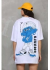 Unisex Bisiklet Yaka Baskılı Oversize T-Shirt - Beyaz