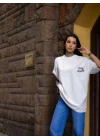 Unisex Bisiklet Yaka Baskılı Oversize T-Shirt - Beyaz