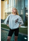 Unisex Bisiklet Yaka Baskılı Oversize T-Shirt - Boyalı Gri