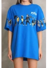 Unisex Bisiklet Yaka Baskılı Oversize T-Shirt - Mavi