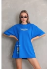 Unisex Bisiklet Yaka Baskılı Oversize T-Shirt - Mavi
