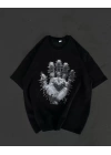 Unisex Bisiklet Yaka Baskılı Oversize T-Shirt - Siyah