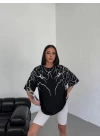 Unisex Bisiklet Yaka Baskılı Oversize T-Shirt - Siyah