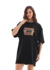 Unisex Bisiklet Yaka Baskılı Oversize T-Shirt - Siyah