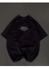 Unisex Bisiklet Yaka Baskılı Oversize T-Shirt - Siyah