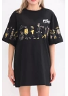 Unisex Bisiklet Yaka Baskılı Oversize T-Shirt - Siyah