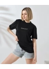 Unisex Bisiklet Yaka Baskılı Slim Fit T-Shirt - Siyah