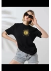 Unisex Bisiklet Yaka Baskılı T-Shirt - Siyah