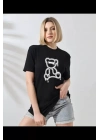 Unisex Bisiklet Yaka Baskılı T-Shirt - Siyah