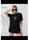 Unisex Bisiklet Yaka Baskılı T-Shirt - Siyah