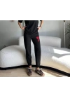 Unisex İki İplik Baskılı Oversize Eşofman Altı - Siyah