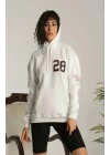 Unisex Kapşonlu Baskılı Sweetshirt - Beyaz