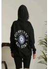 Unisex Kapüşonlu Üç İplik Oversize Baskılı Sweatshirt - Siyah