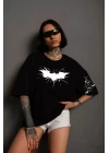 Unisex Ön Ve Kol Baskılı Oversize T-shirt - Siyah