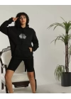 Unisex Sırt Baskılı Kapüşonlu Üç İplik Oversize Sweatshirt - Siyah