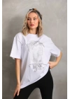 Unisex Taş Desenli Oversize T-Shirt - Beyaz