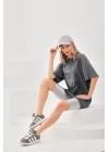Unisex Taş Desenli Oversize T-Shirt - Füme