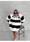 Unisex Üç İplik Parçalı Yakalı SweatShirt - Siyah