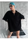 Unisex Yarım Fermuarlı Düz Oversize T-Shirt - Siyah