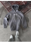Uzun Kol Kapşonlu Göğüs Baskılı SweatShirt - Gri