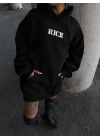 Uzun Kol Kapşonlu Göğüs Baskılı SweatShirt - Siyah