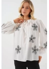 Uzun Kol Nakışlı Örme Bluz 951 - Beyaz