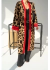 Uzun Leopar Hırka - Camel-Mavi