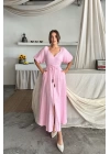 V YAKA BEL BONCUK BAĞLAMALI MÜSLİN ELBİSE YIRTMAÇ DETAYLI - Pembe
