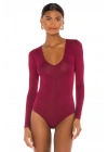 bysoca Kadın Bordo V Yaka Uzun Kol İpek Jarse Vücudu Saran Basic Bodysuit