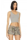 bysoca Kadın Gri V Yaka Sırtı Açık Kalın Askılı Fitilli Kaşkorse Vücudu Saran Basic Crop Top
