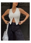 bysoca Kadın Krem V Yaka Düğme Detaylı Asimetrik Kesim Fitilli Triko Yelek Crop Top