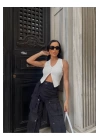 bysoca Kadın Krem V Yaka Düğme Detaylı Asimetrik Kesim Fitilli Triko Yelek Crop Top