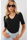 V Yaka Kısa Kol Basic Bluz 955 - Siyah