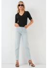 V Yaka Kısa Kol Basic Bluz 955 - Siyah