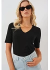 V Yaka Kısa Kol Basic Bluz 955 - Siyah