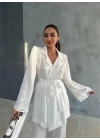 VİSKON JAKARLI BAĞLAMALI GÖMLEK - PANTOLON TAKIM - Beyaz