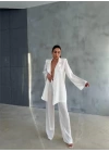 VİSKON JAKARLI BAĞLAMALI GÖMLEK - PANTOLON TAKIM - Beyaz