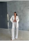 VİSKON JAKARLI BAĞLAMALI GÖMLEK - PANTOLON TAKIM - Beyaz