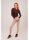 Yaka Detay Uzun Kollu Basic Kahverengi Bluz