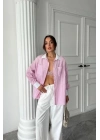 YAKA VE MANŞET BEYAZBOYFRİEND ÇİZGİLİPOPLİN GÖMLEK - Pembe