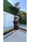 Yakalı Gömlek Kemerli Şortlu Takım - Bordo