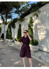 Yakalı Gömlek Kemerli Şortlu Takım - Bordo